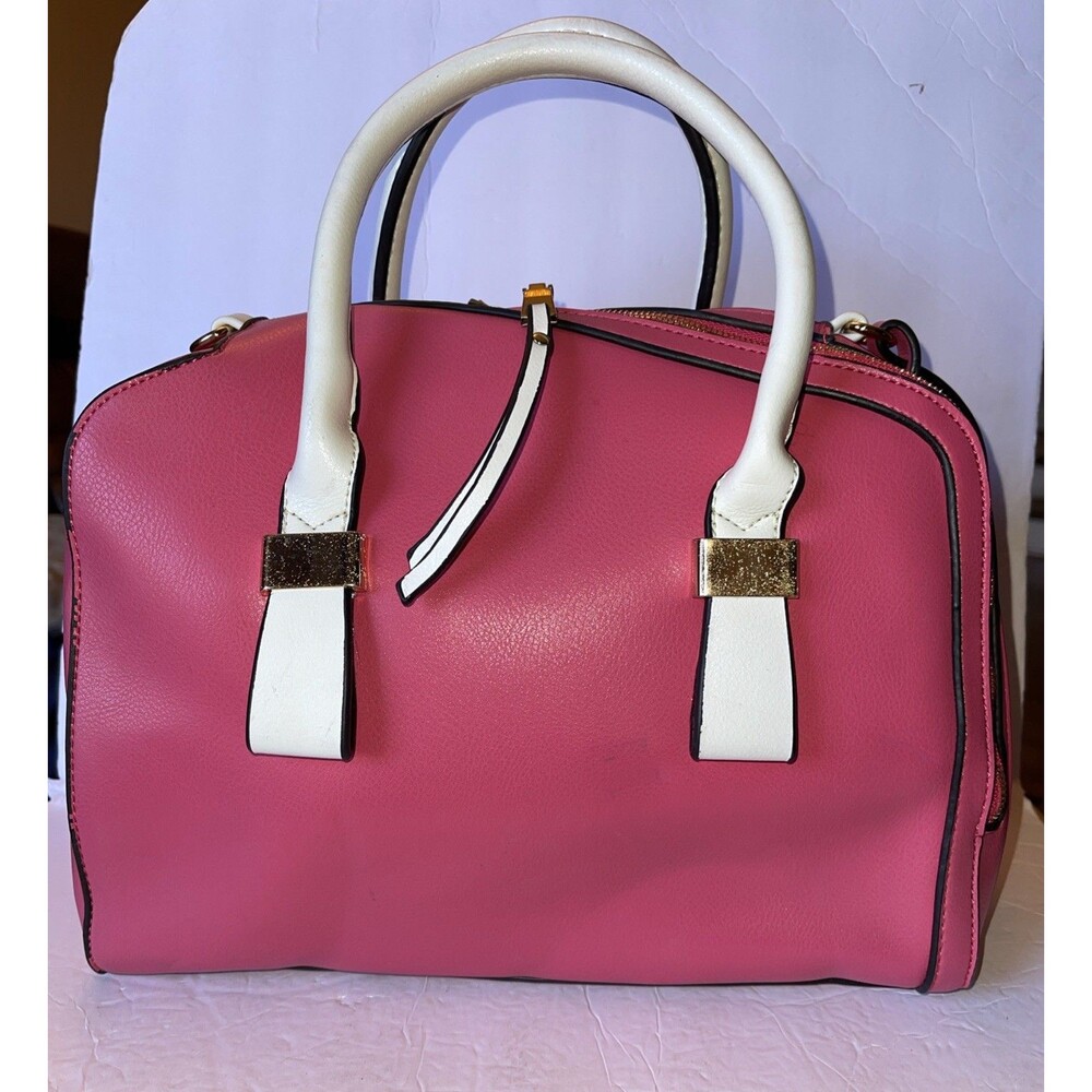 Hot Pink Faux Leather Handbag White Handle & Crossbody Strap Satchel Black Trim
